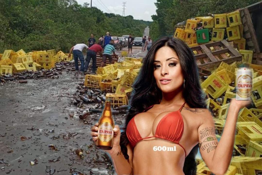‘Vem verão’: caminhão até o tucupi de cerveja tomba na rodovia AM-010